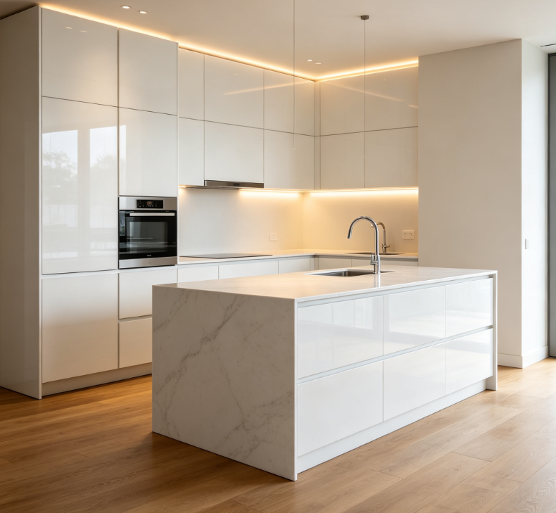 Acrylic Kitchen Cabinets With Island Design