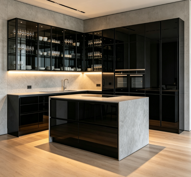 Black Frame Glass Kitchen Cabinets